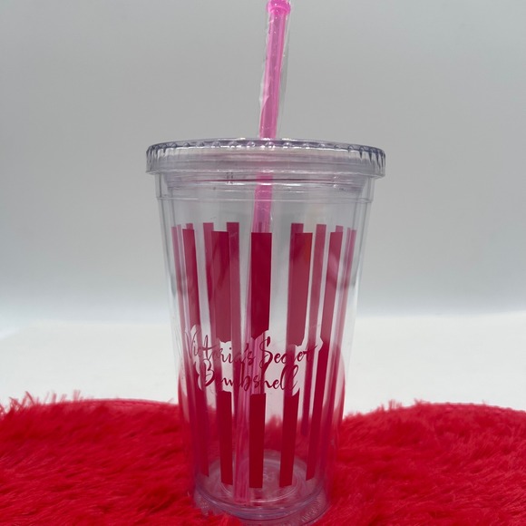 Victoria's Secret 2011 Bombshell Tumbler Cup Pink Stripes Reusable Straw Lid NEW - Picture 8 of 10